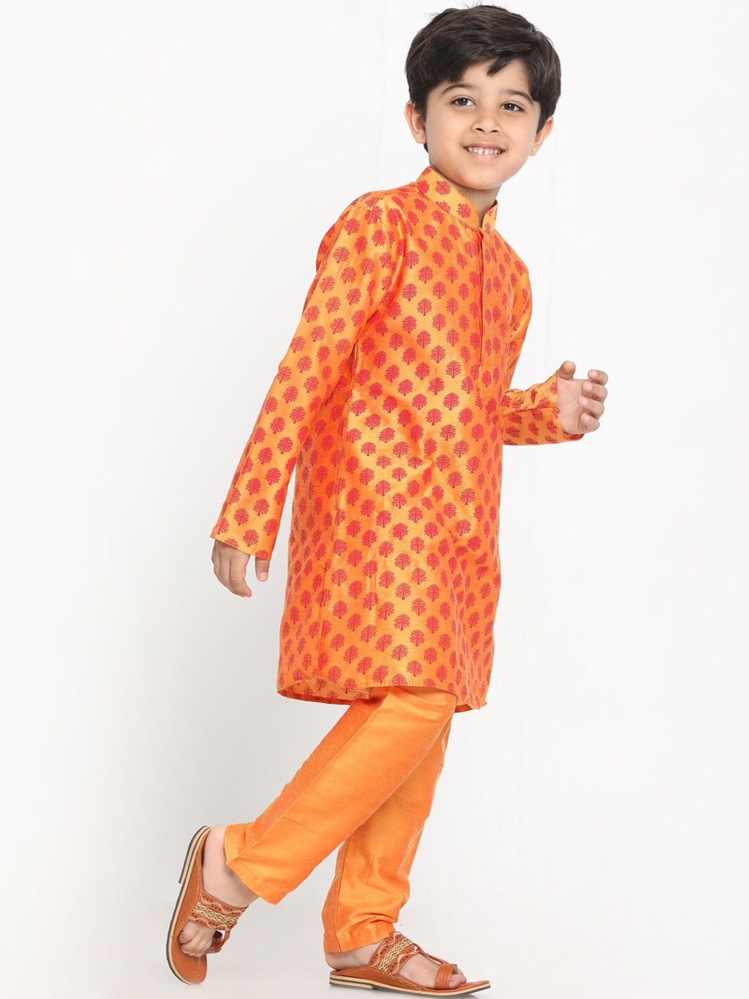 VASTRAMAY Boy's Orange Printed Design Kurta with Churidar - qivii