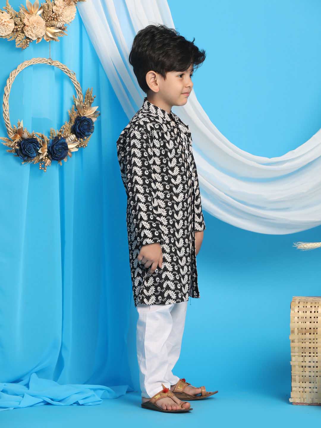 VASTRAMAY Boy's Black Chikankari Thread Work Kurta And White Pyjama Set - qivii