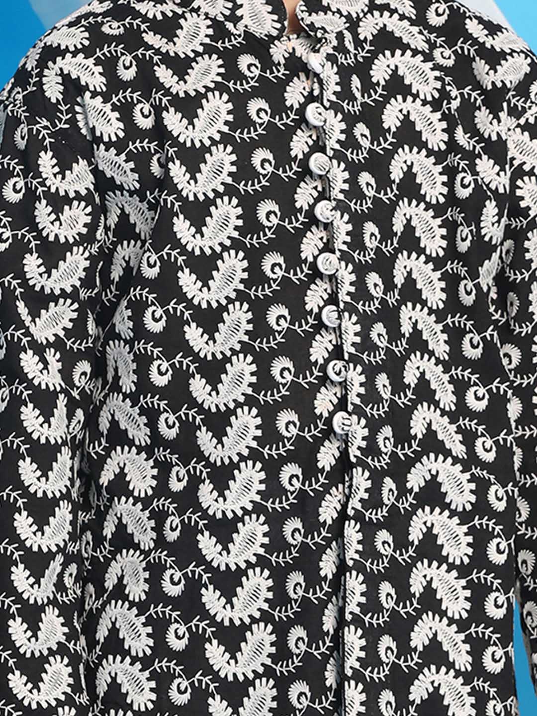 VASTRAMAY Boy's Black Chikankari Thread Work Kurta And White Pyjama Set - qivii