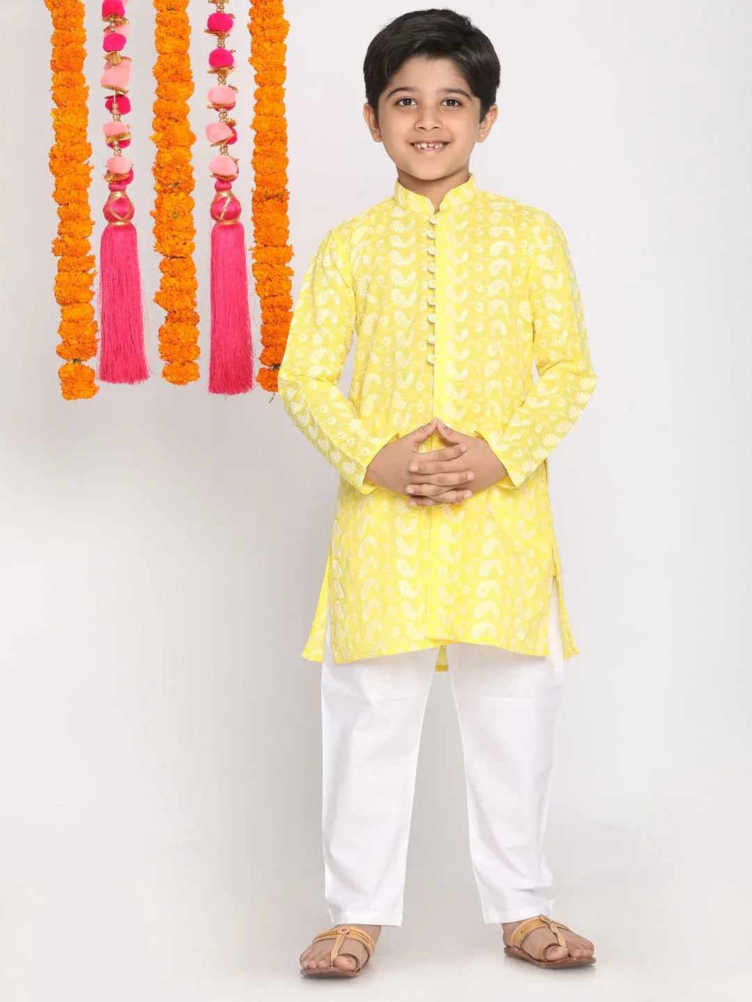 Boy's Mustard And White Kurta Pyjama Set