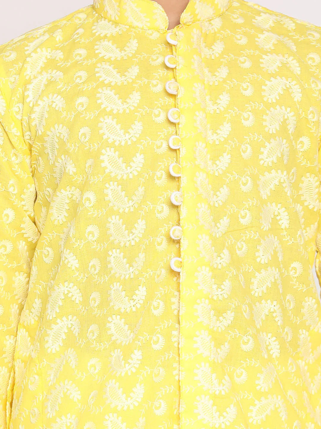 Boy's Mustard And White Kurta Pyjama Set
