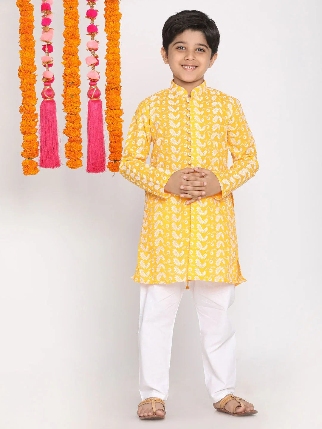 Boy's Orange And White Kurta Pyjama Set