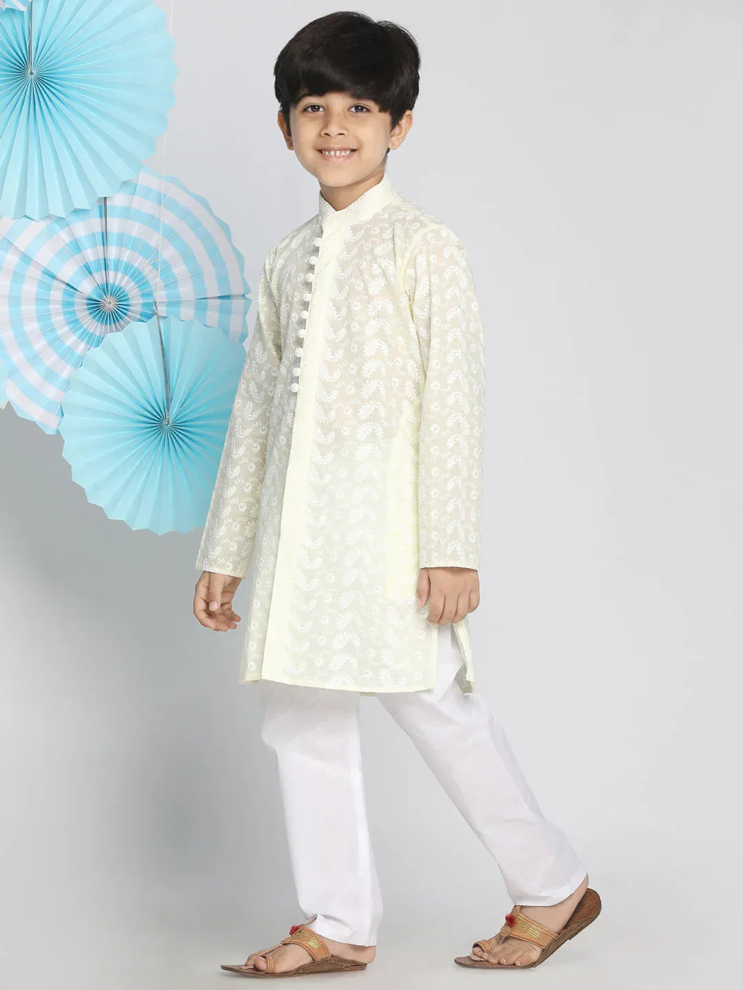 Boys Yellow And White Kurta Pyjama Set