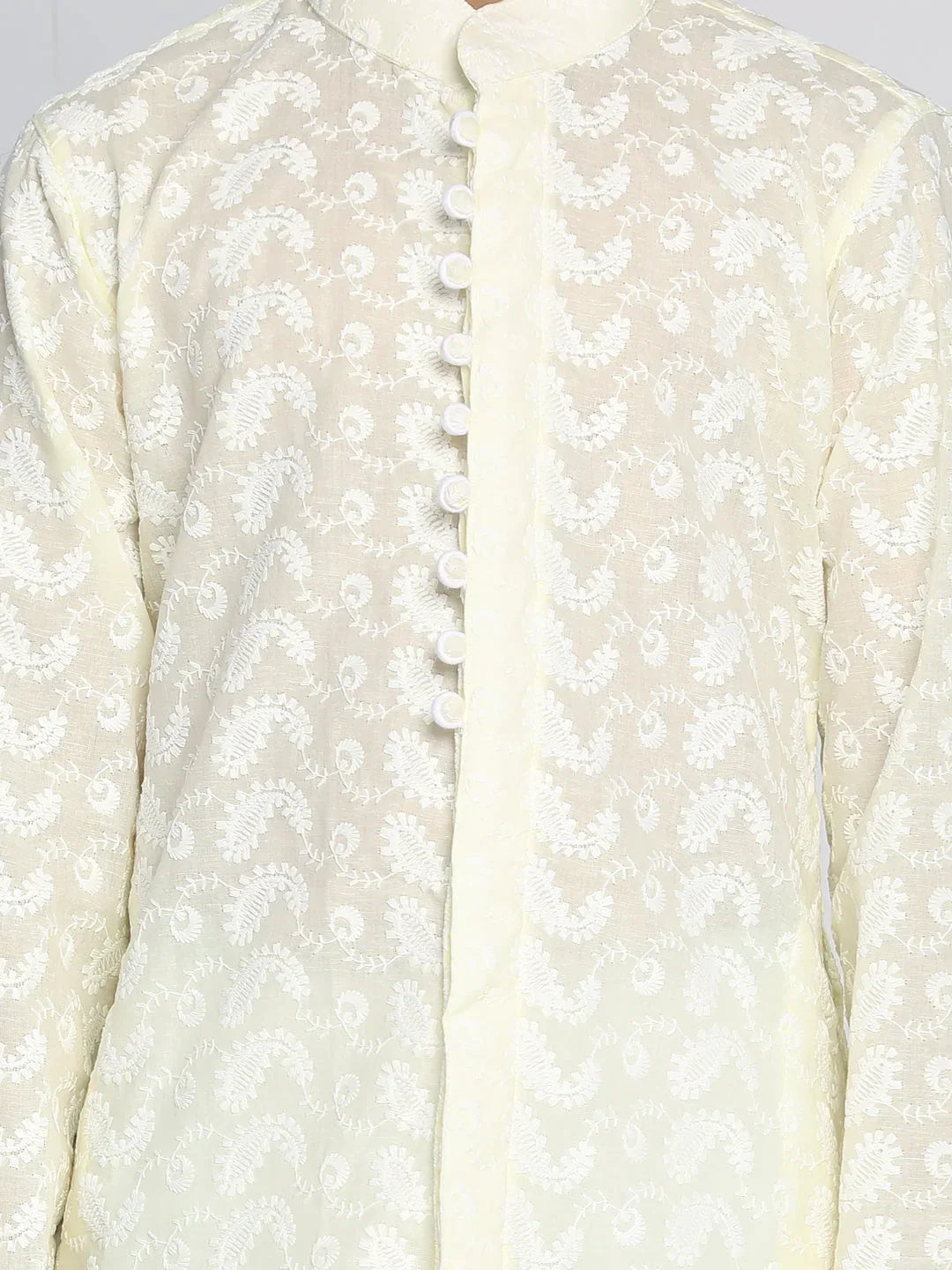 Boys Yellow And White Kurta Pyjama Set