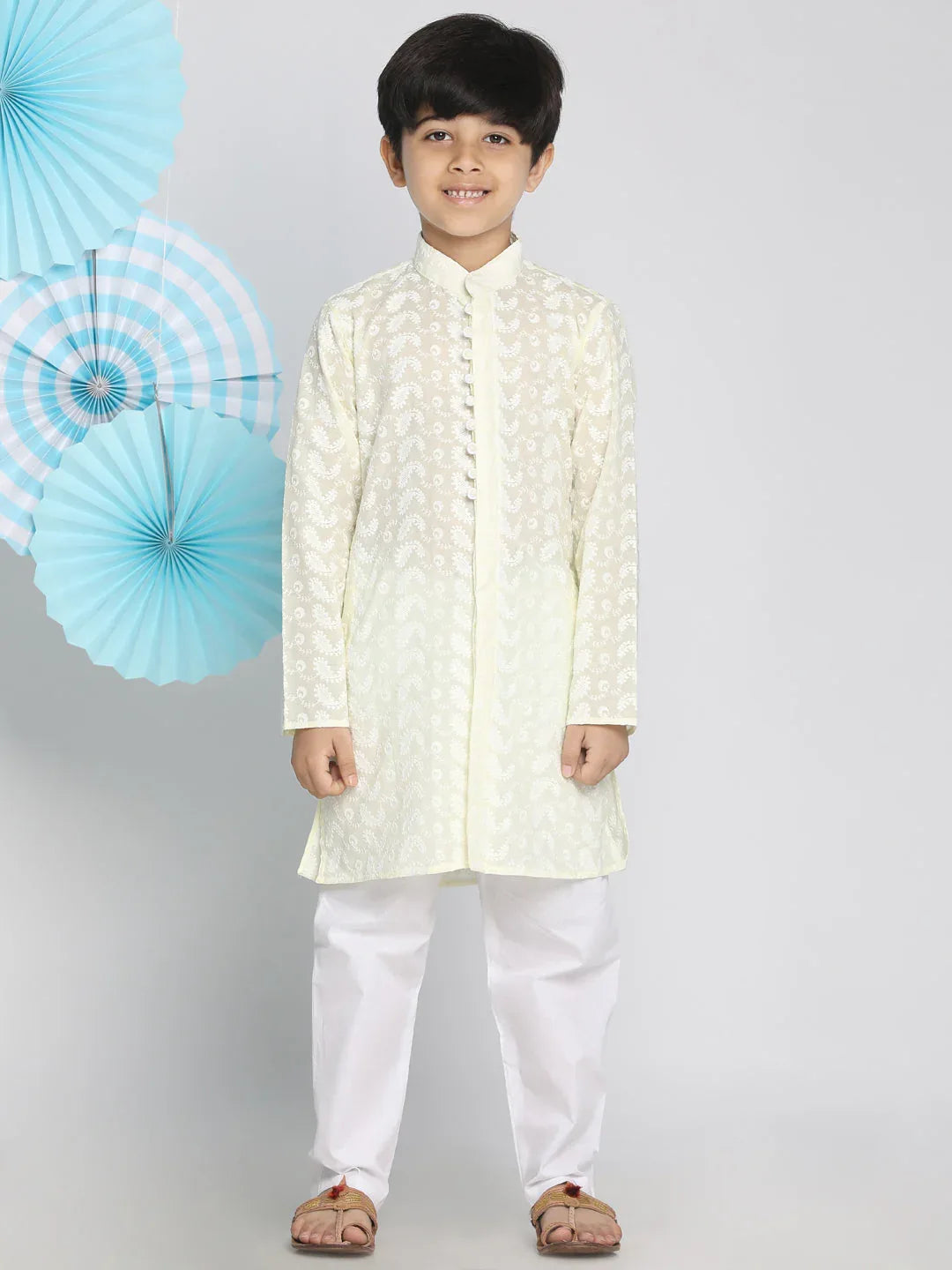 Boys Yellow And White Kurta Pyjama Set