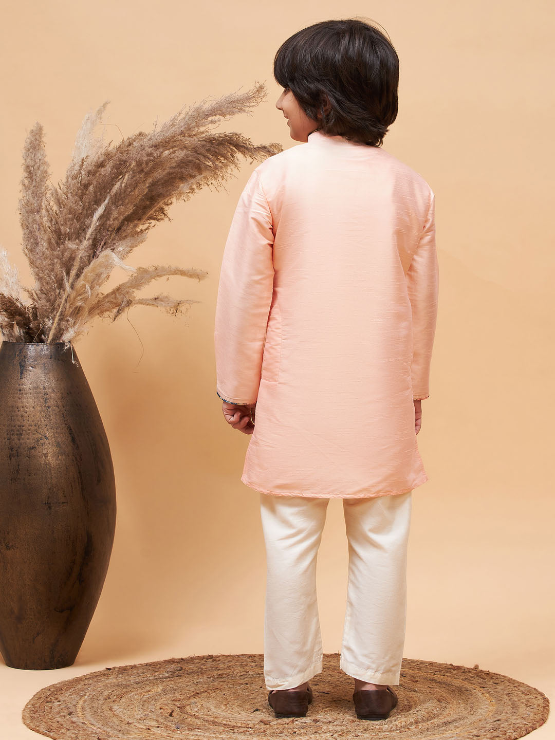 VASTRAMAY Boy's Peach Silk Kurta Pyjama Set - qivii
