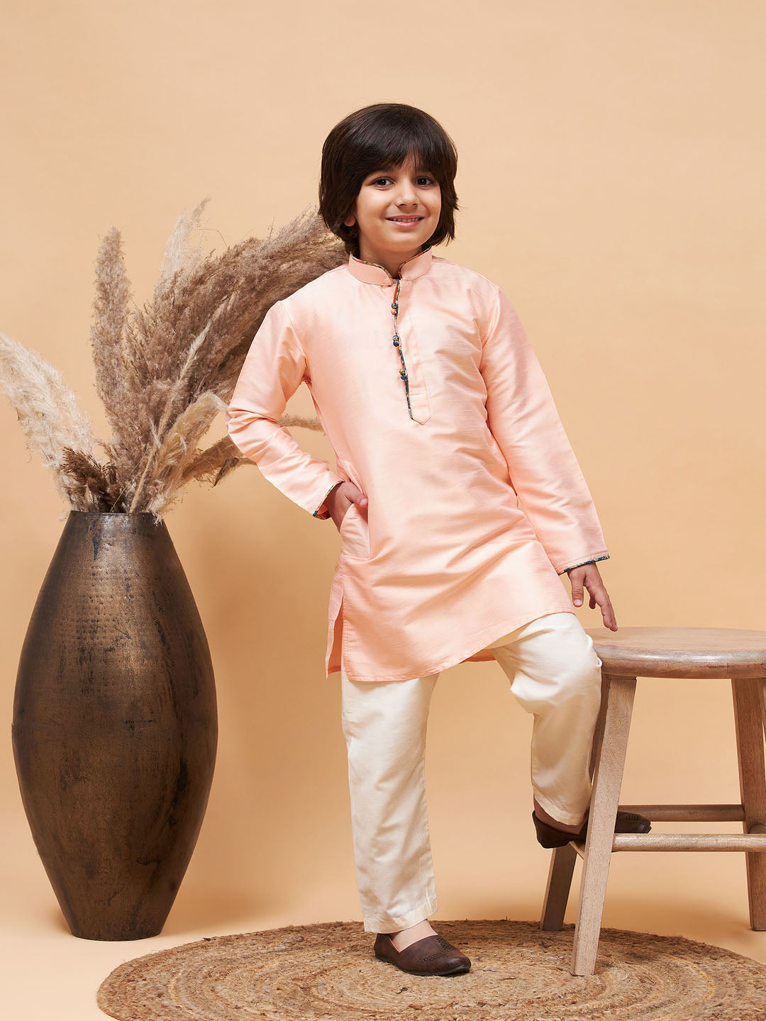 VASTRAMAY Boy's Peach Silk Kurta Pyjama Set - qivii