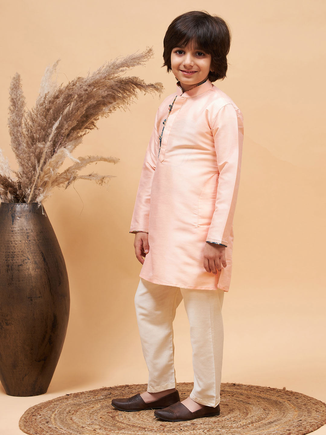 VASTRAMAY Boy's Peach Silk Kurta Pyjama Set - qivii