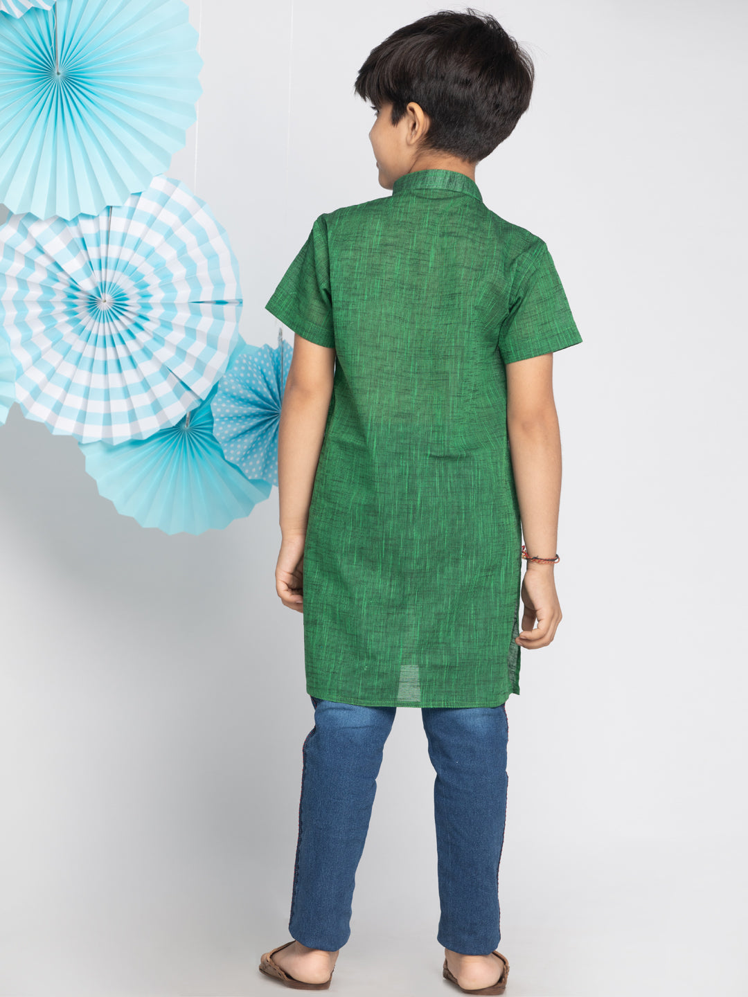 VASTRAMAY Boys' Green Melange Half Sleeve Kurta - qivii