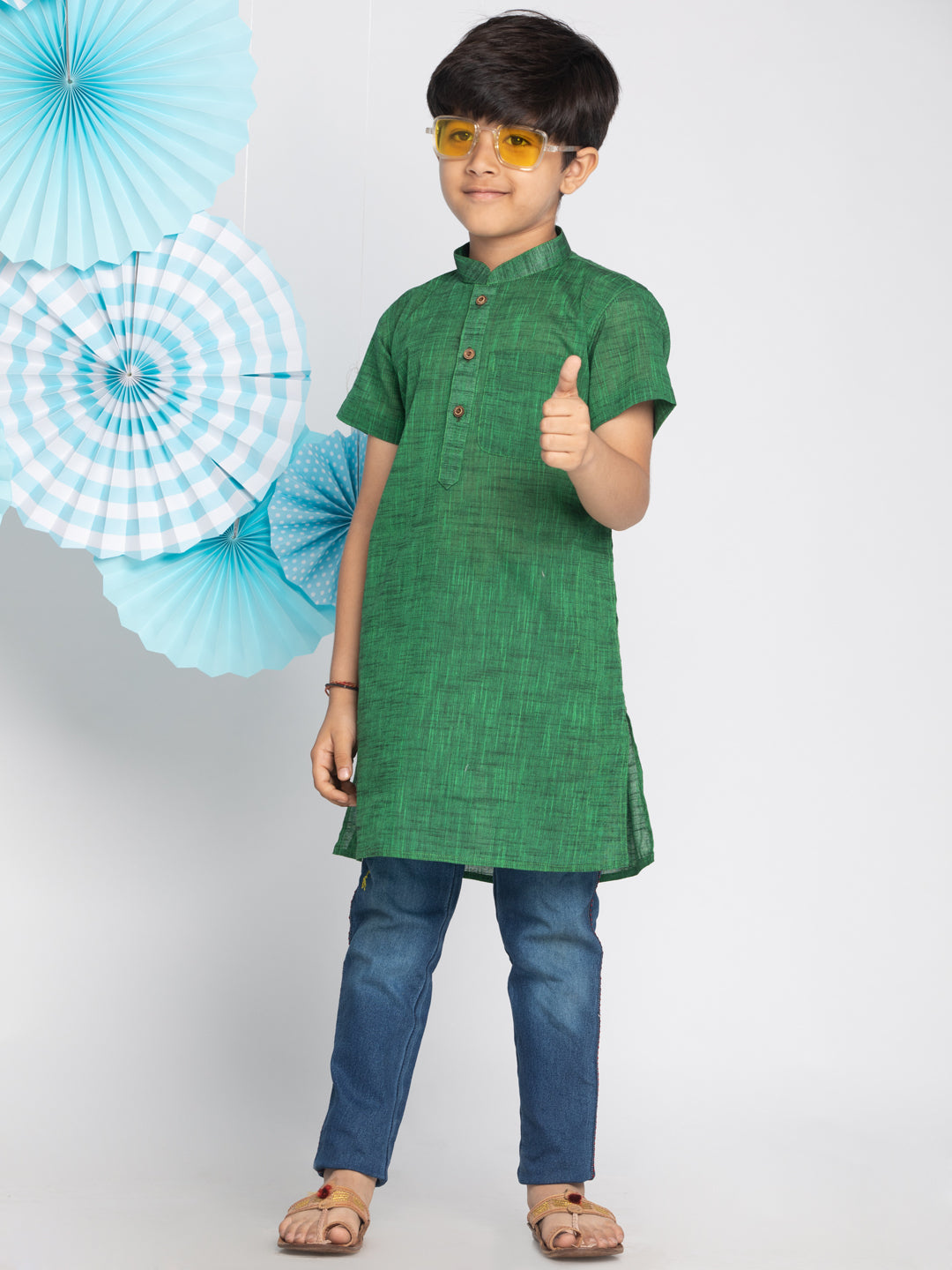 VASTRAMAY Boys' Green Melange Half Sleeve Kurta - qivii