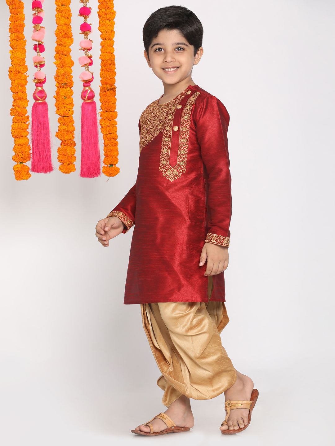 VASTRAMAY Boys' Maroon And Rose Gold Kurta and Dhoti Set - qivii