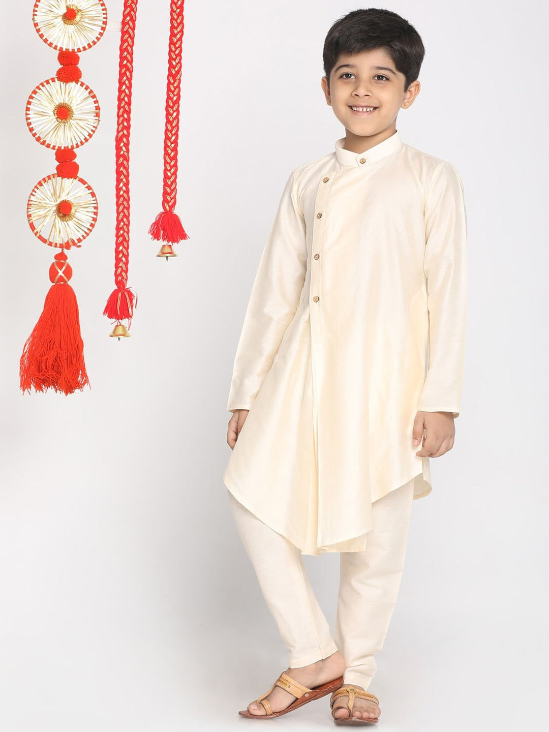 VASTRAMAY Boys Cream Color Angrakha Kurta with Pyjama Set - qivii