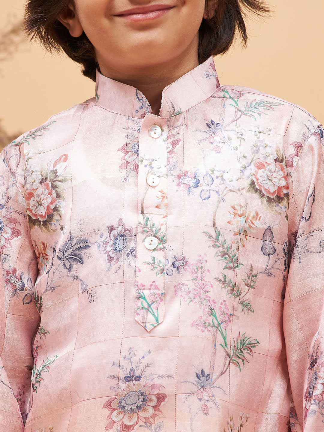 VASTRAMAY Boy's Pink Floral Printed Silk Blend Kurta Pyjama Set - qivii
