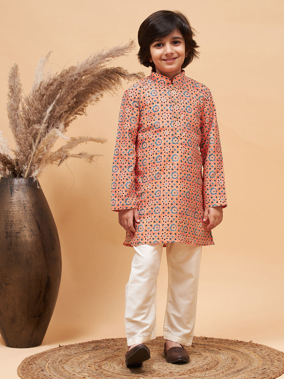VASTRAMAY Boy's Orange Printed Kurta And Cream Pyjama Set - qivii