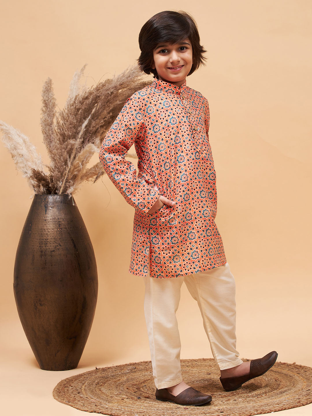VASTRAMAY Boy's Orange Printed Kurta And Cream Pyjama Set - qivii