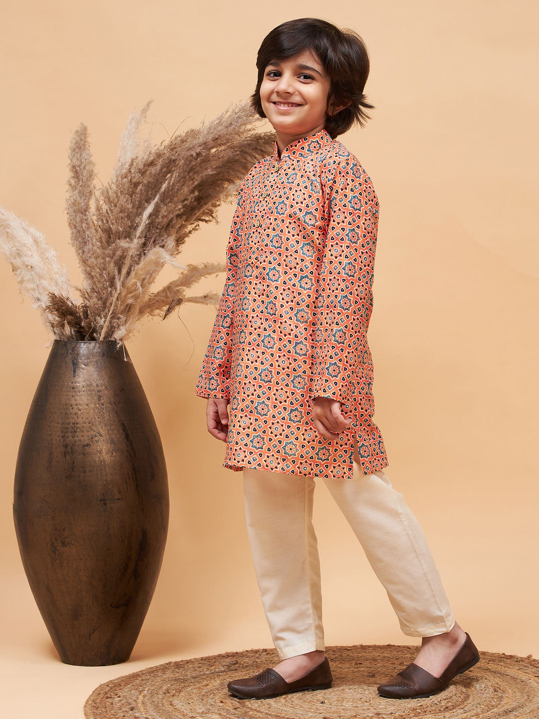 VASTRAMAY Boy's Orange Printed Kurta And Cream Pyjama Set - qivii