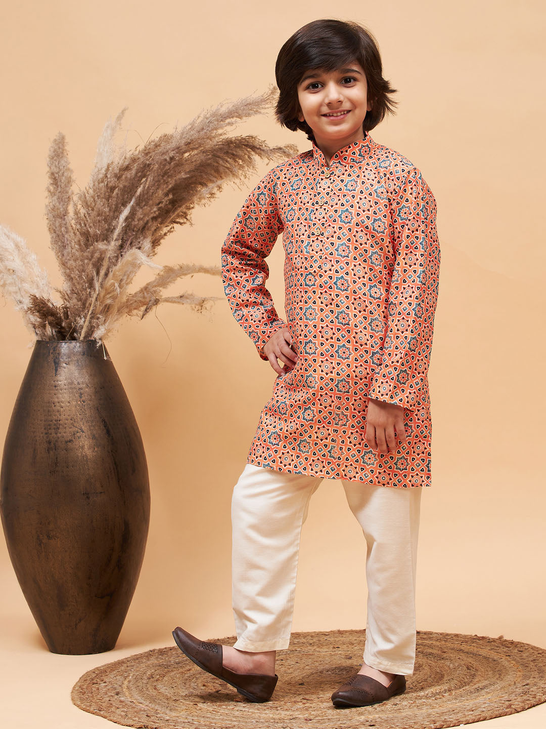 VASTRAMAY Boy's Orange Printed Kurta And Cream Pyjama Set - qivii