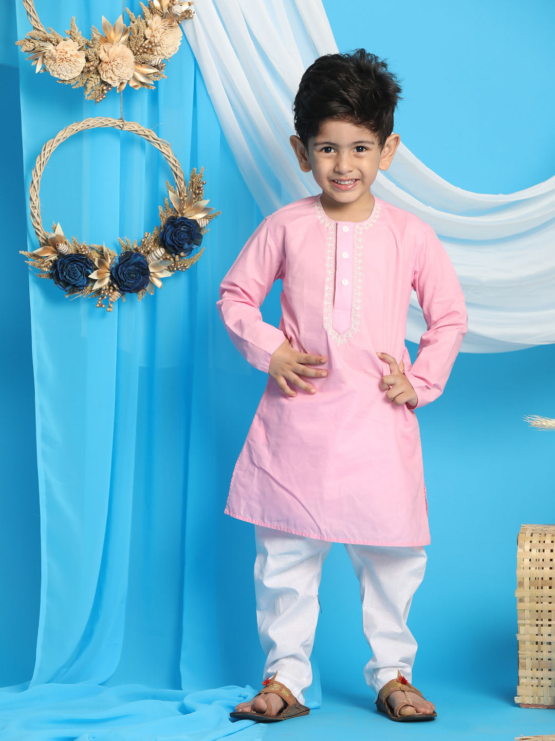 VASTRAMAY Boys' Pink Kurta And White Pyjama Set - qivii