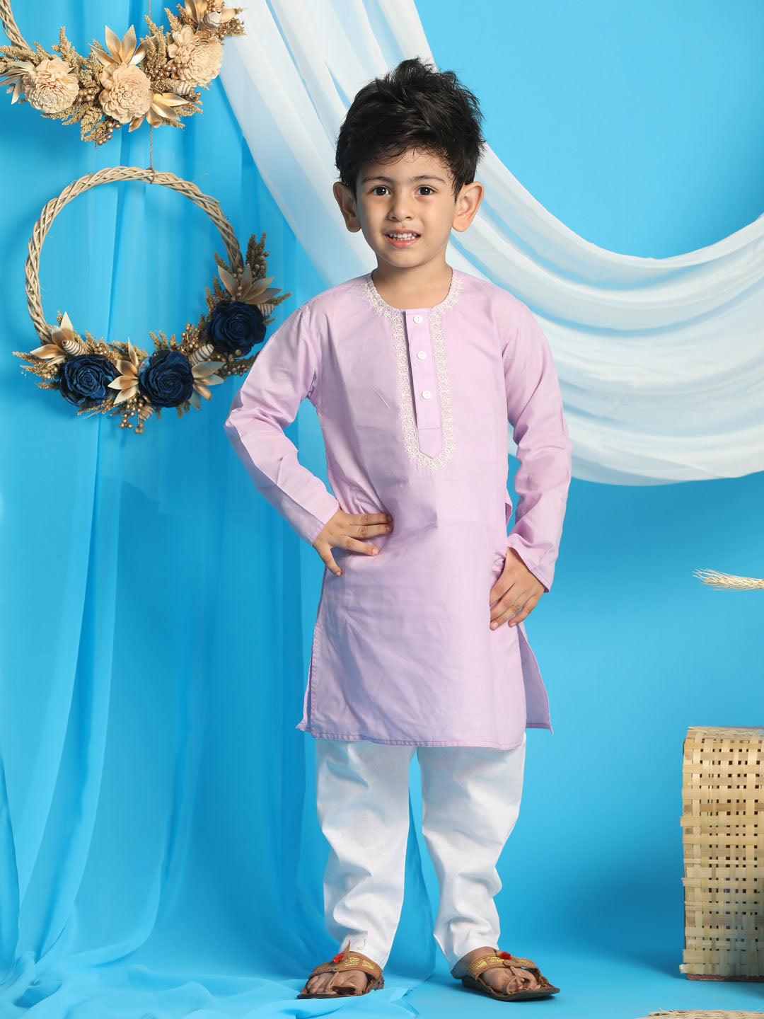 VASTRAMAY Boys' Purple Kurta And White Pyjama Set - qivii