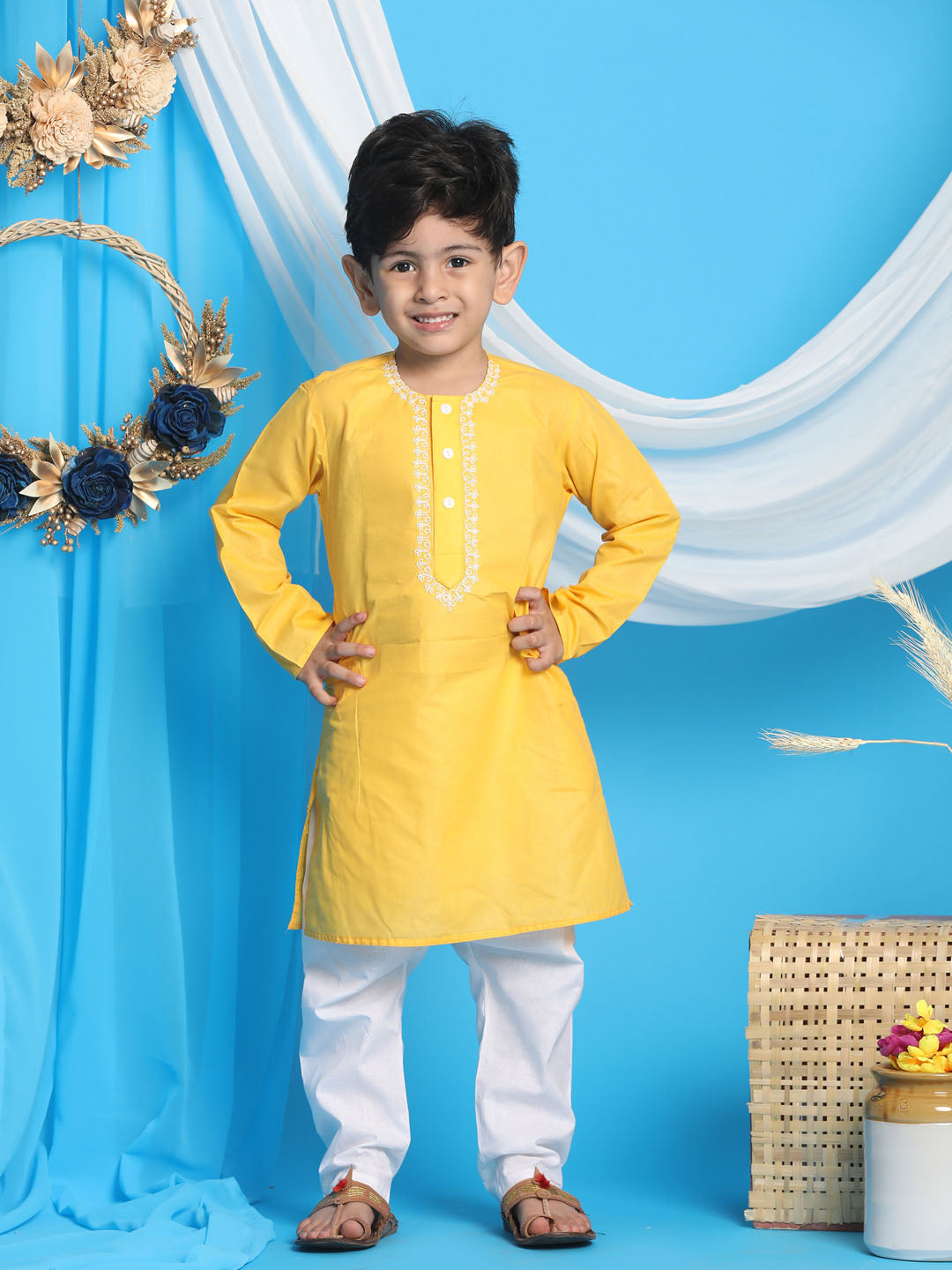 VASTRAMAY Boys' Yellow Kurta And White Pyjama Set - qivii