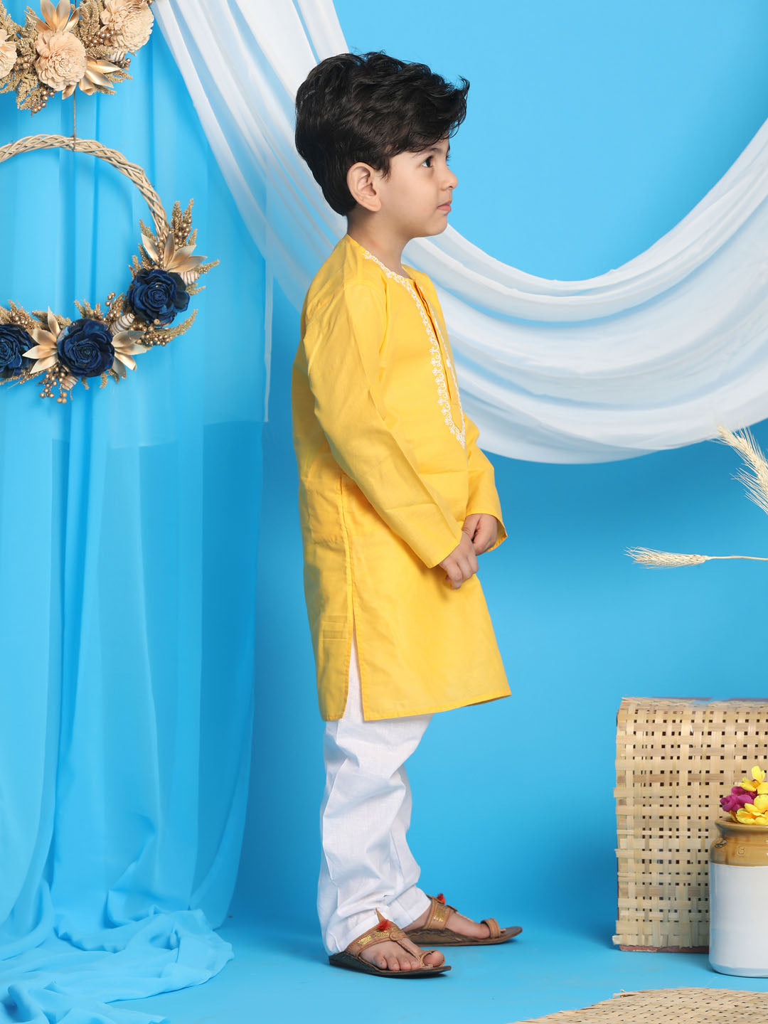 VASTRAMAY Boys' Yellow Kurta And White Pyjama Set - qivii