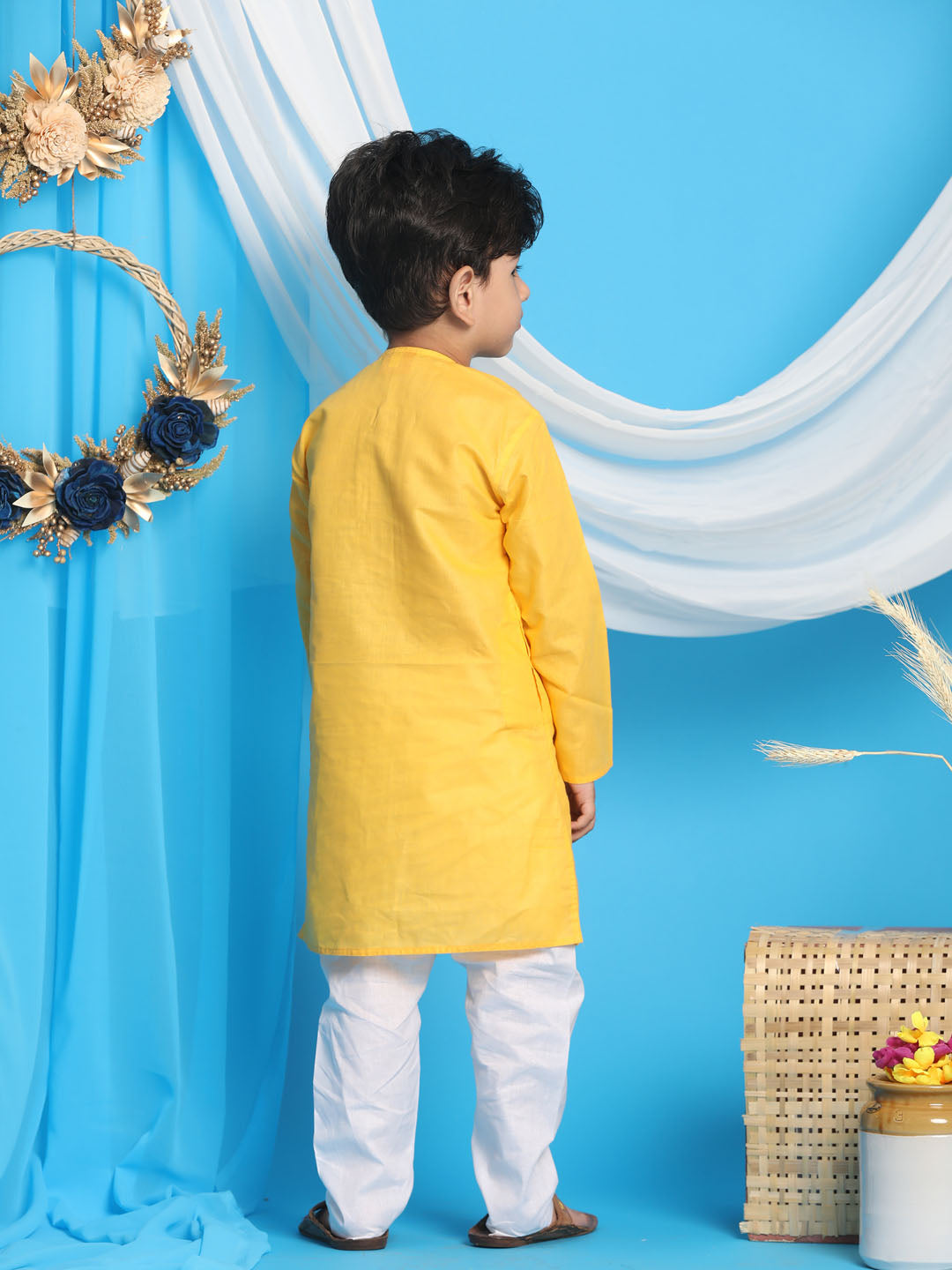 VASTRAMAY Boys' Yellow Kurta And White Pyjama Set - qivii