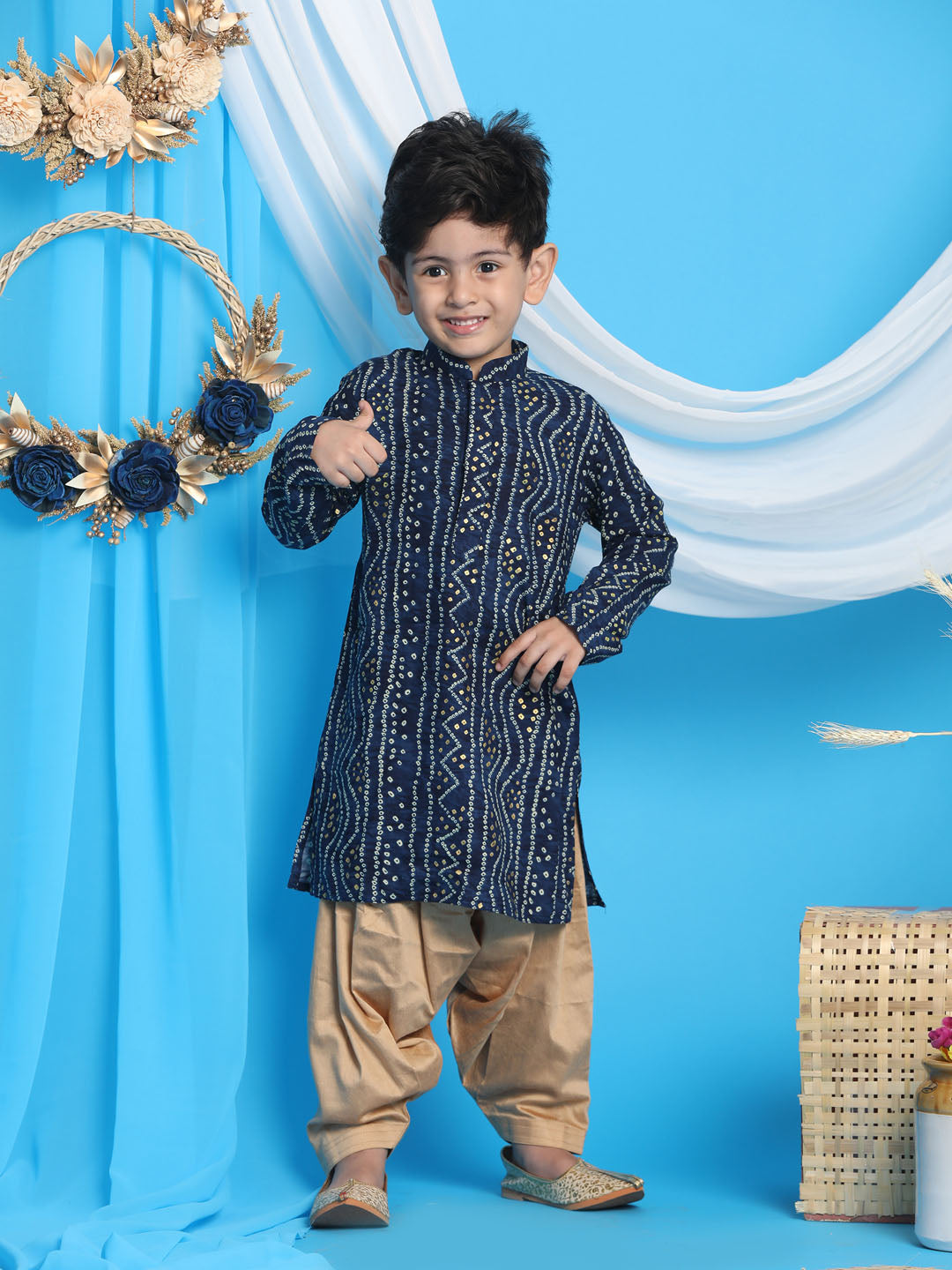 VASTRAMAY Boys' Blue Bandhni Print Kurta And Rose Gold Patiyala Set - qivii