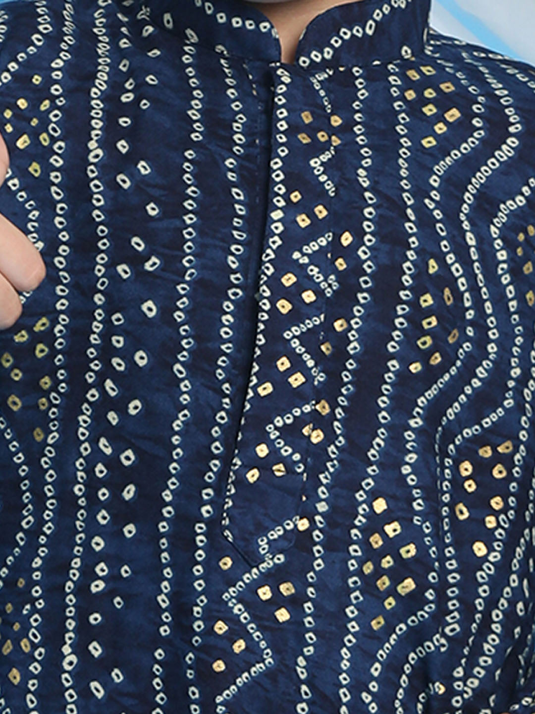 VASTRAMAY Boys' Blue Bandhni Print Kurta And Rose Gold Patiyala Set - qivii