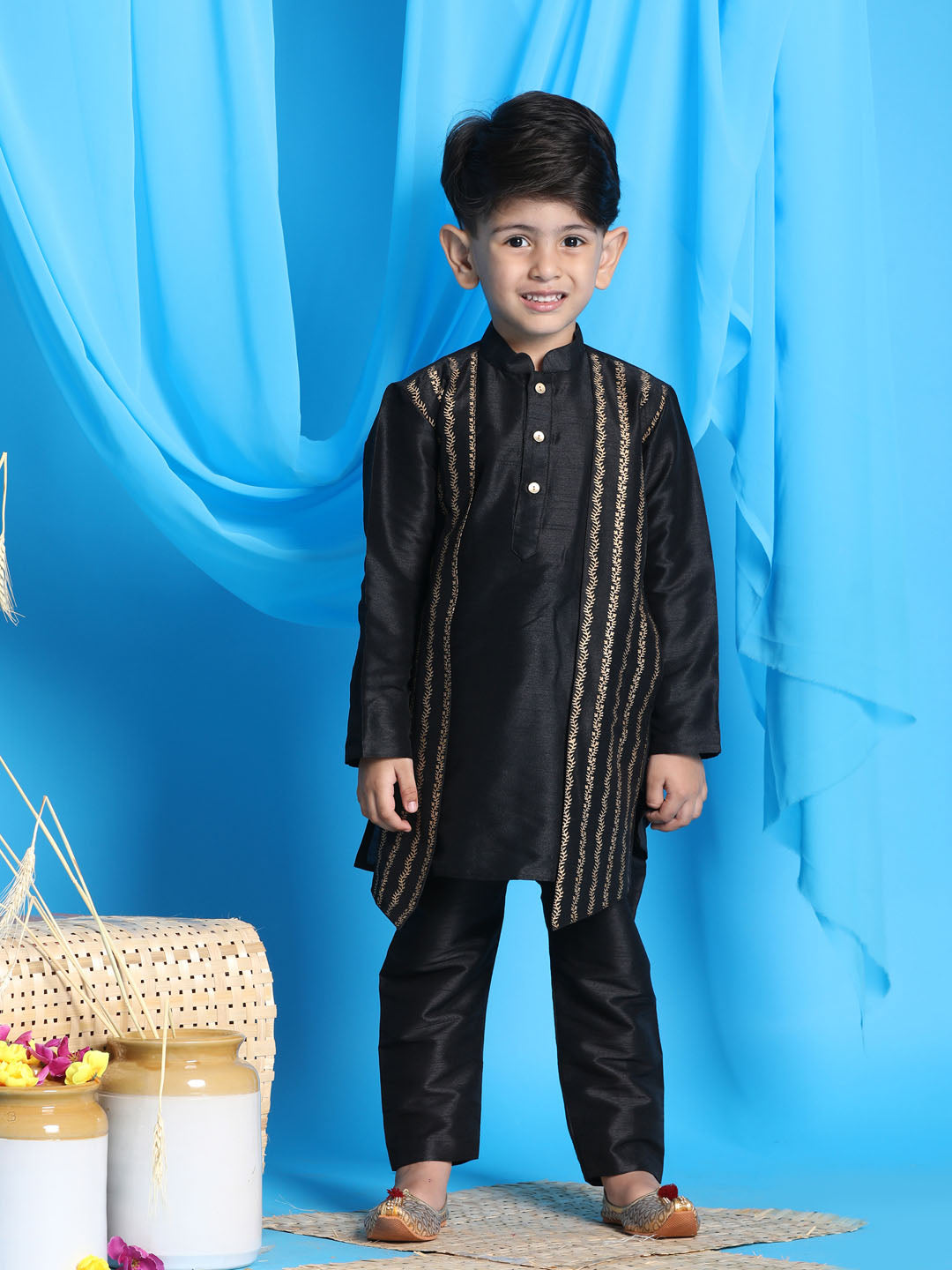 Vastramay Boys' Black Jacket Style Kurta And Black Pyjama Set - qivii