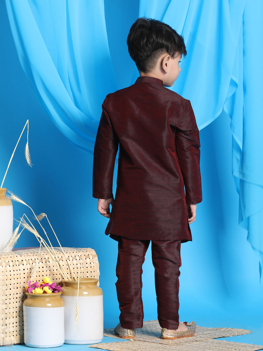 Vastramay Boys' Wine Jacket Style Kurta And Pyjama Set - qivii