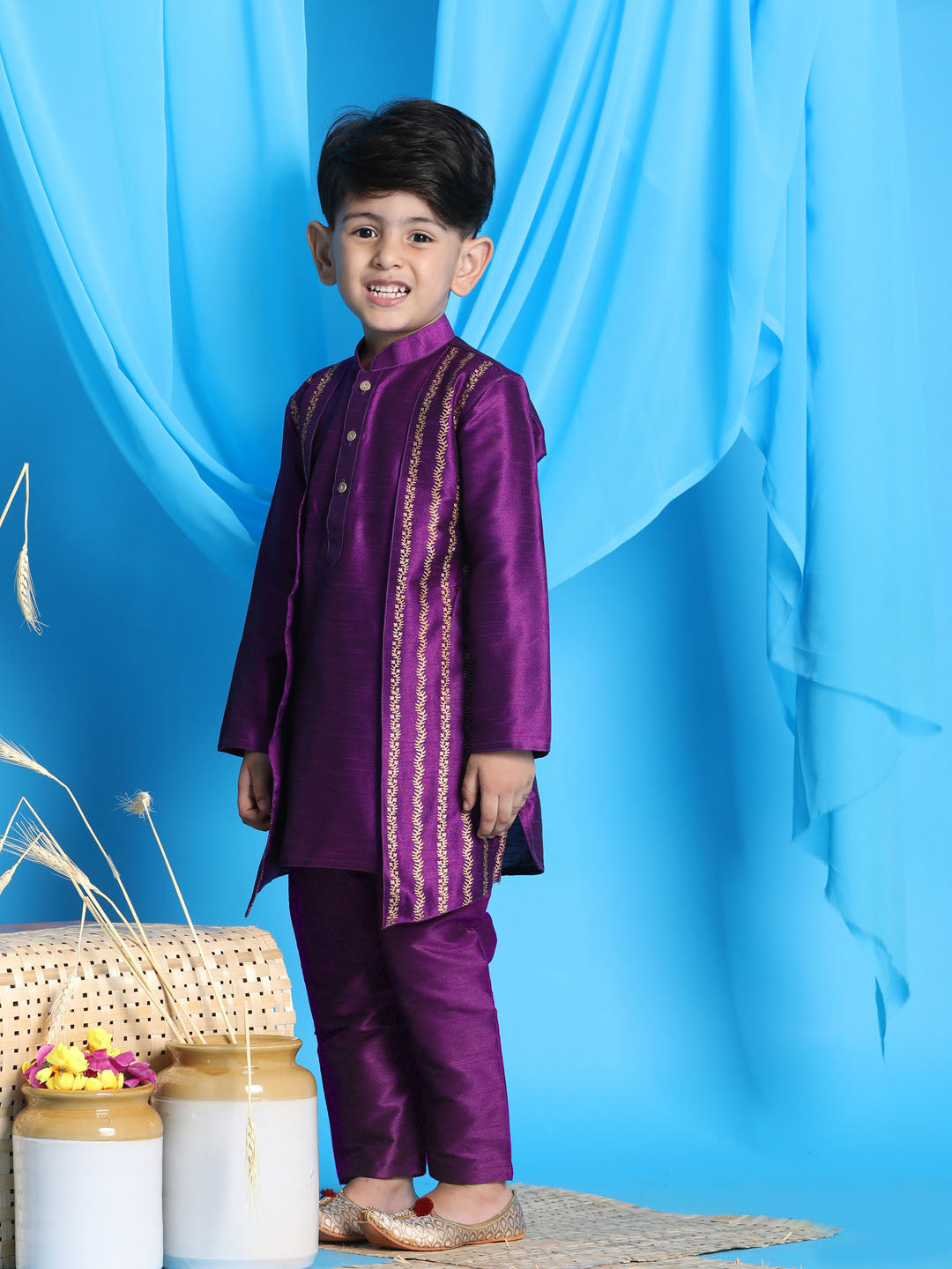 Vastramay Boys' Purple Jacket Style Kurta And Purple Pyjama Set - qivii