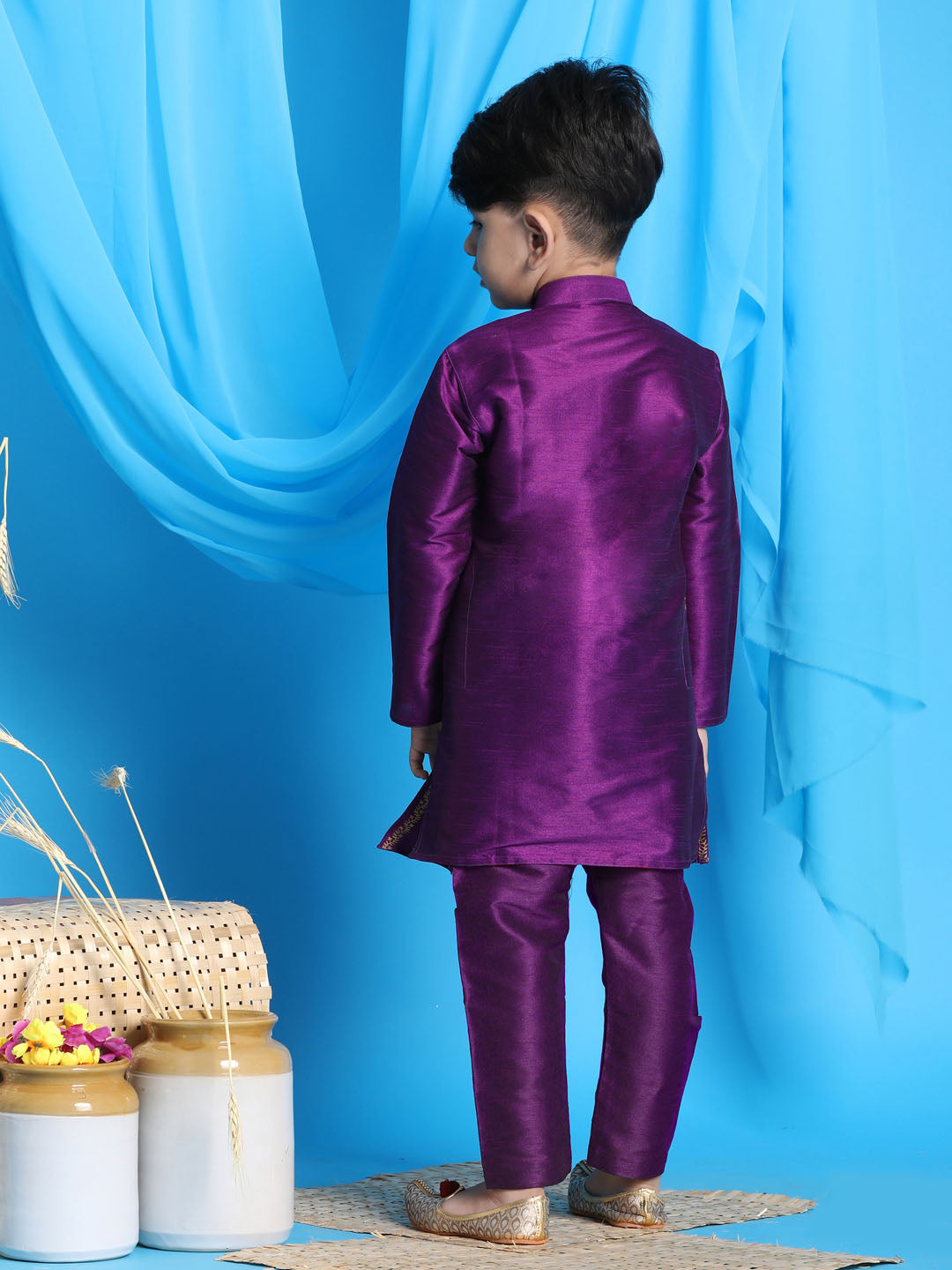 Vastramay Boys' Purple Jacket Style Kurta And Purple Pyjama Set - qivii