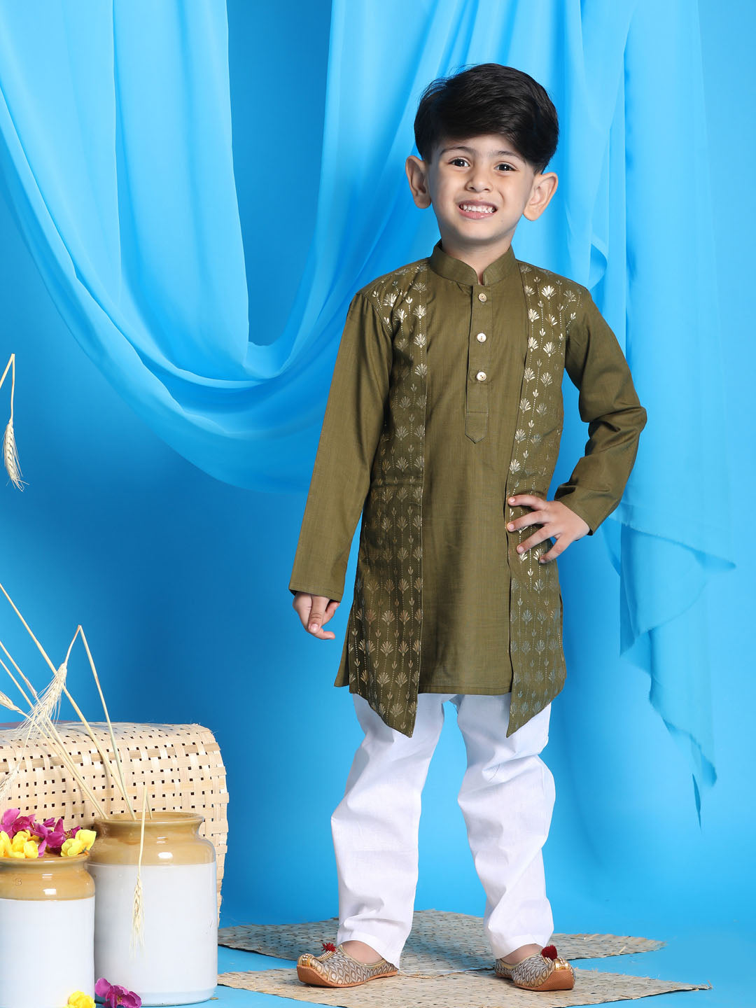 VASTRAMAY Boys' Mint Green Jacket Style Kurta And White Pyjama Set - qivii