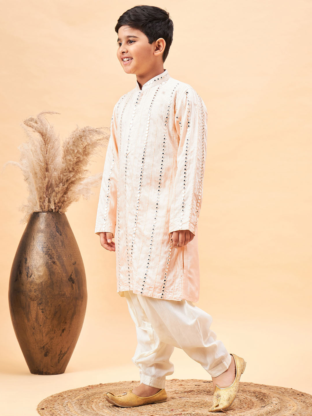 VASTRAMAY Boys Cream Embroidered Vertical Mirror Work Kurta With Patiala Set - qivii