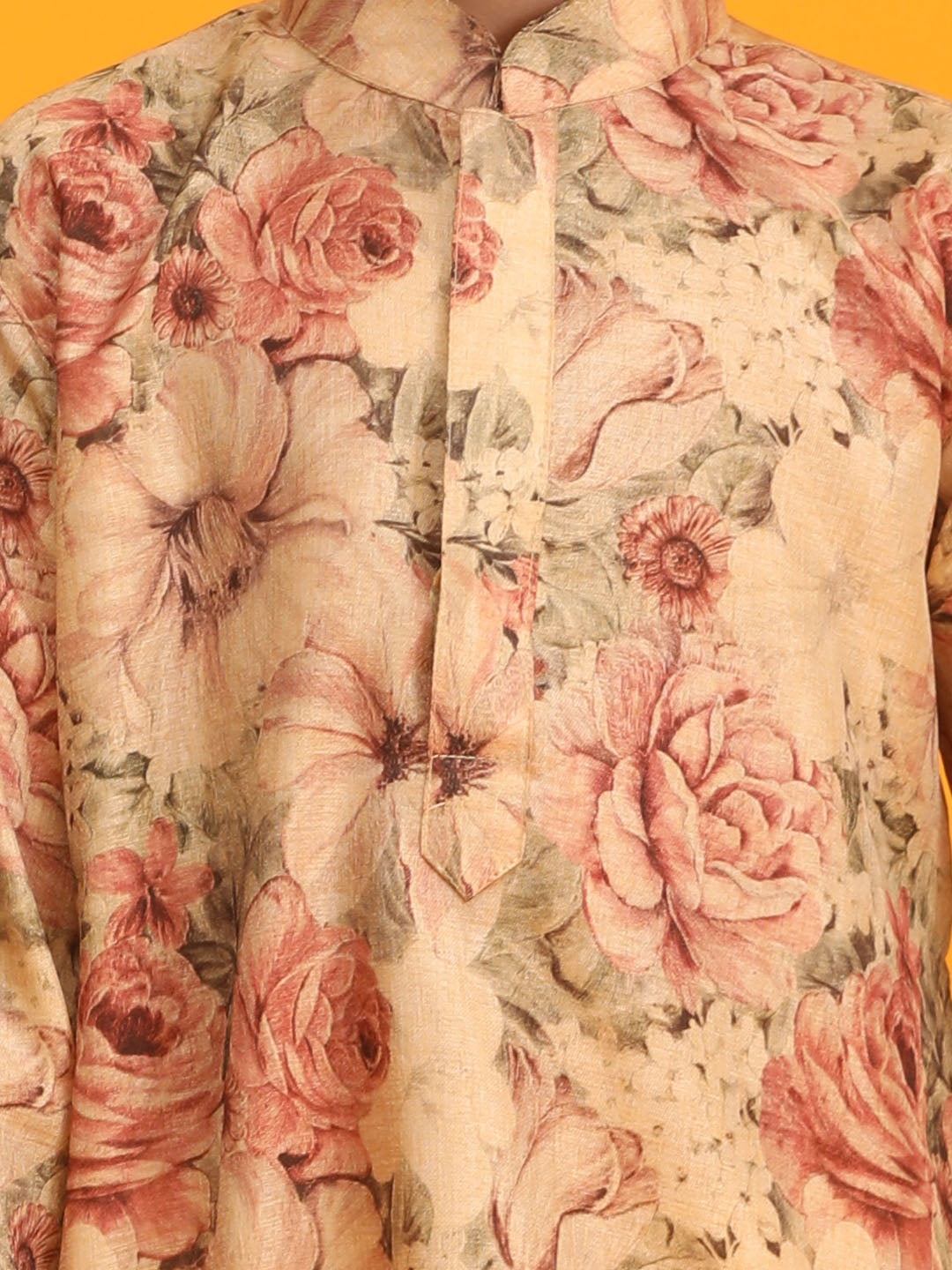 VASTRAMAY Boy's Beige Floral Printed Kurta Pyjama Set - qivii