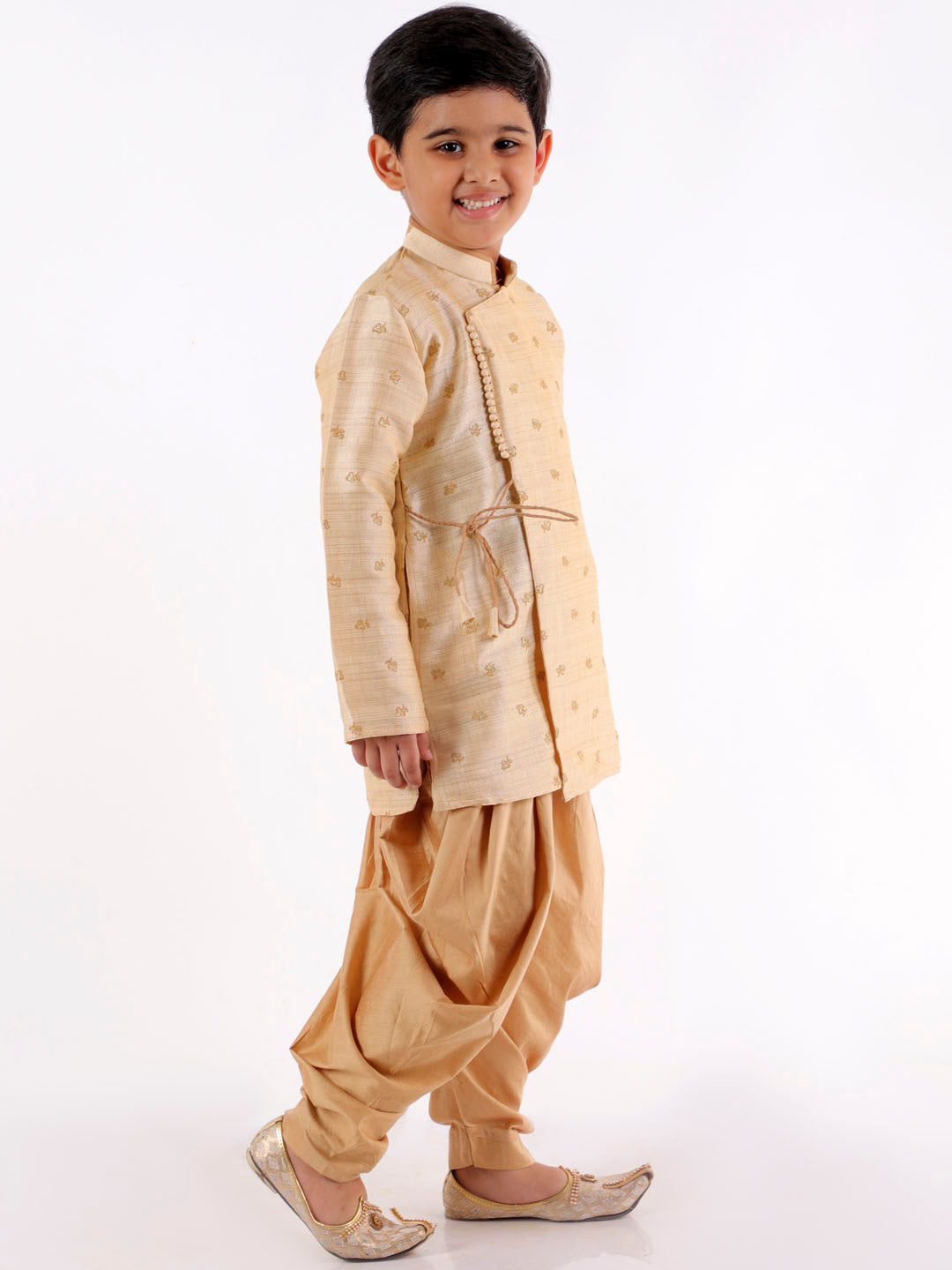 VASTRAMAY Boys' Cream Angrakha Woven Kurta With Rosegold Dhoti Pant Set - qivii