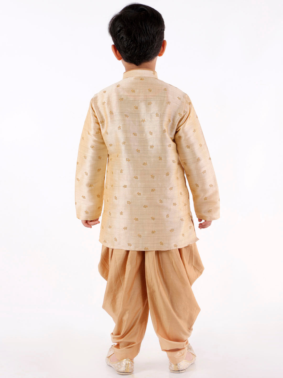 VASTRAMAY Boys' Cream Angrakha Woven Kurta With Rosegold Dhoti Pant Set - qivii