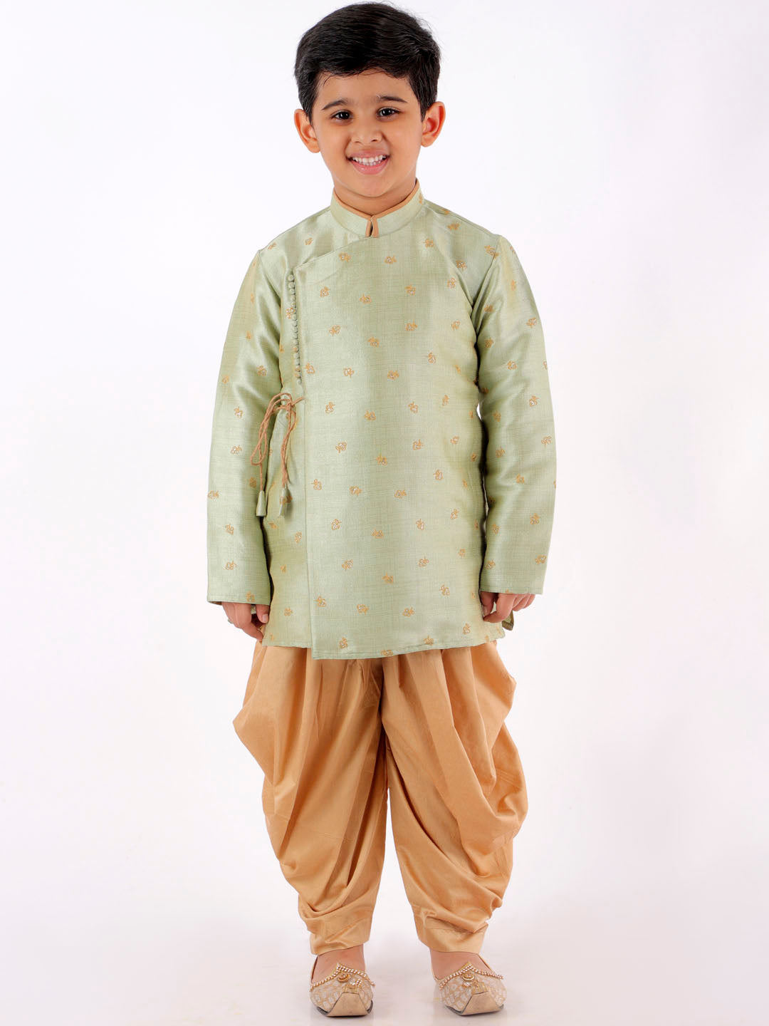 VASTRAMAY Boys' Green Angrakha Woven Kurta With Rosegold Dhoti Pant Set - qivii