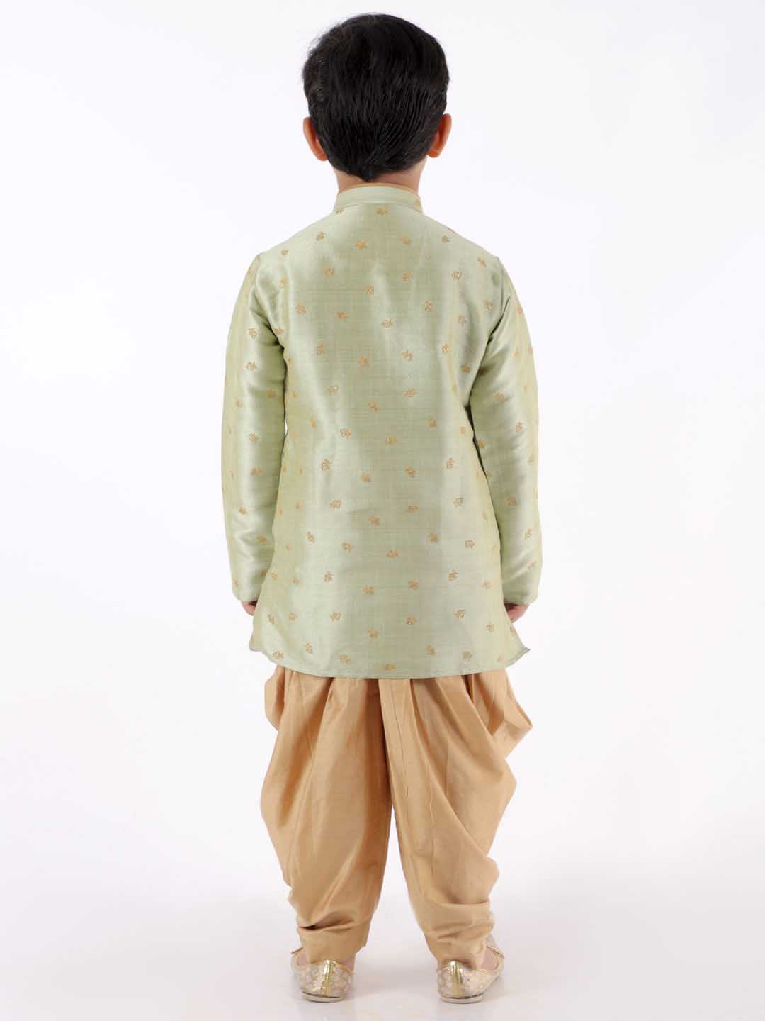 VASTRAMAY Boys' Green Angrakha Woven Kurta With Rosegold Dhoti Pant Set - qivii