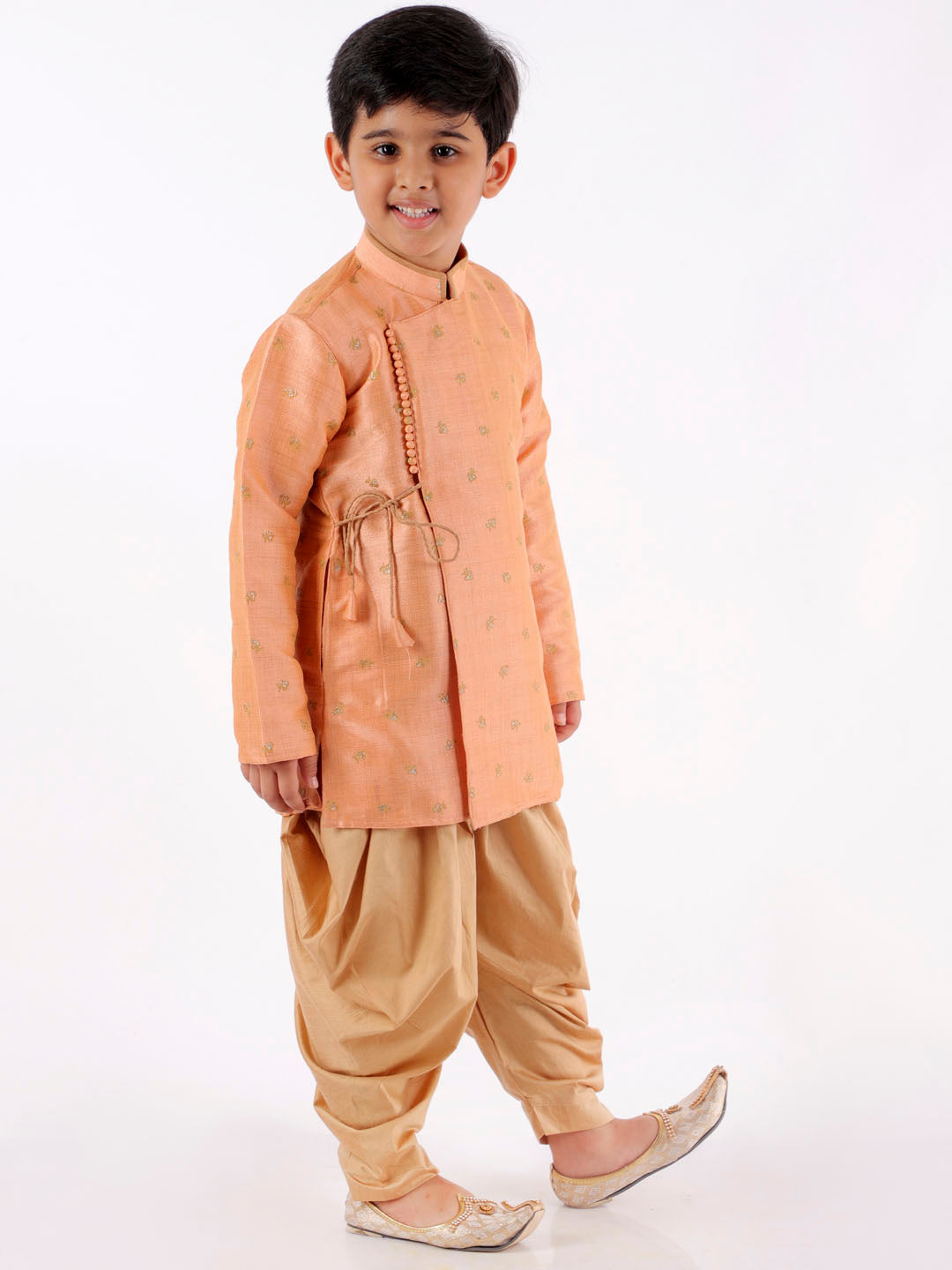 VASTRAMAY Boys' Peach Angrakha Woven Kurta With Rosegold Dhoti Pant Set - qivii