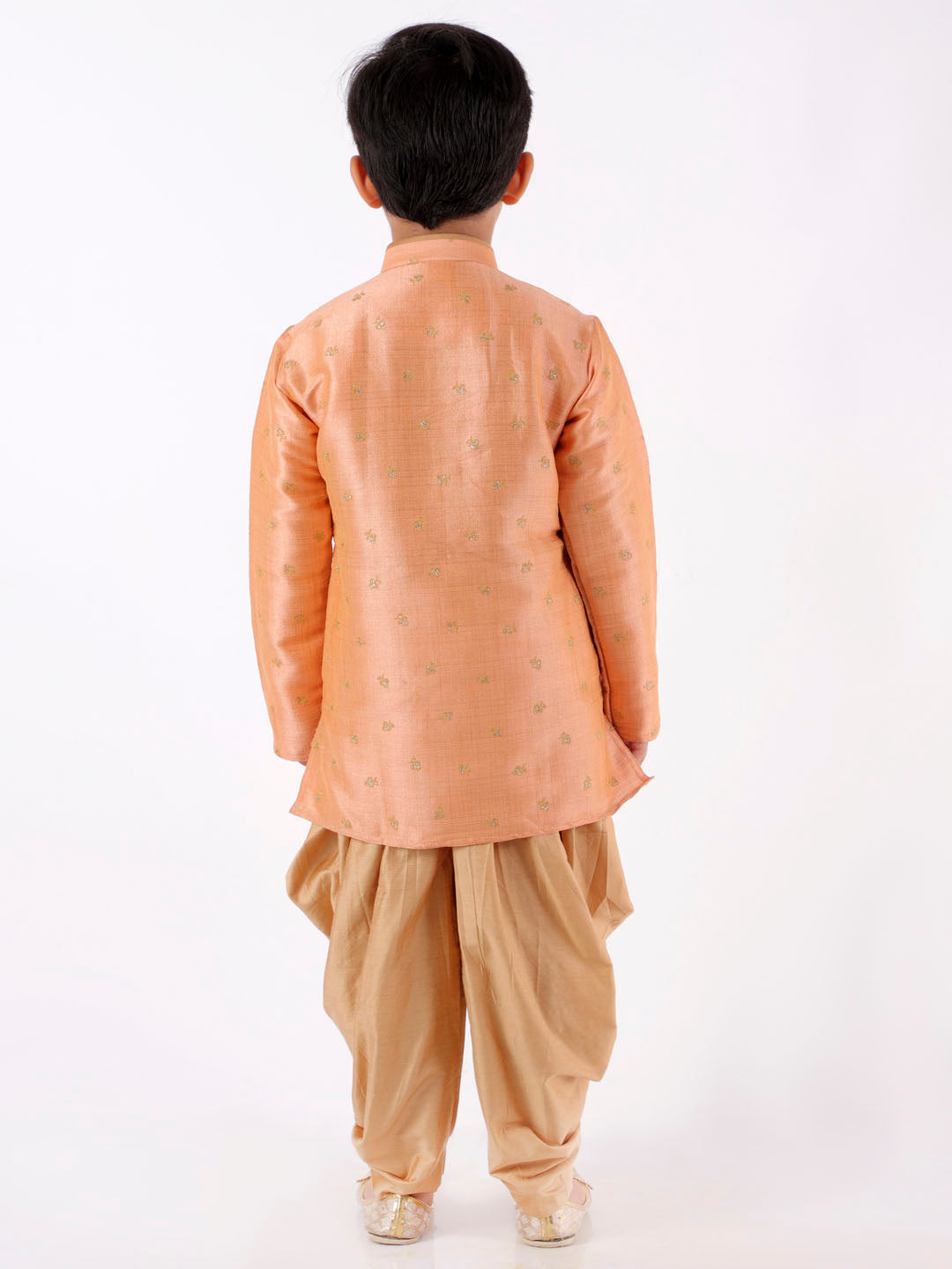 VASTRAMAY Boys' Peach Angrakha Woven Kurta With Rosegold Dhoti Pant Set - qivii