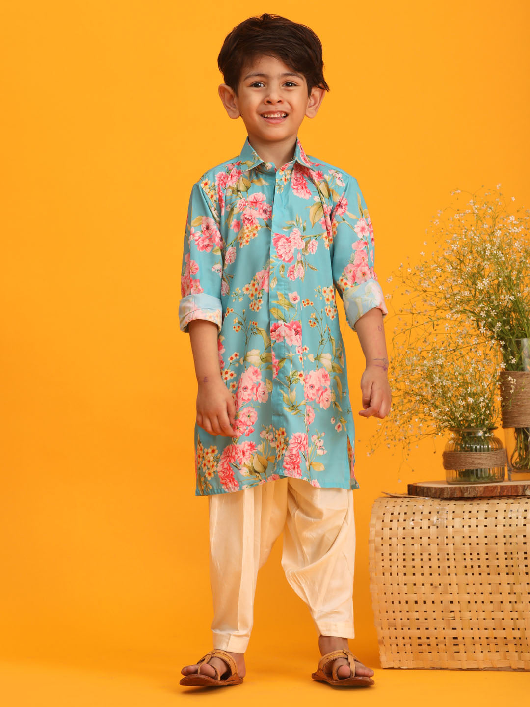 VASTRAMAY Boy's Aqua Blue Floral Printed Kurta with Cream Solid Patiala Set - qivii
