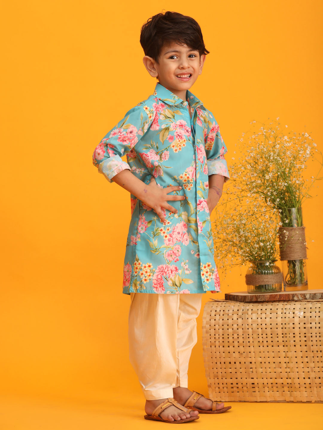 VASTRAMAY Boy's Aqua Blue Floral Printed Kurta with Cream Solid Patiala Set - qivii