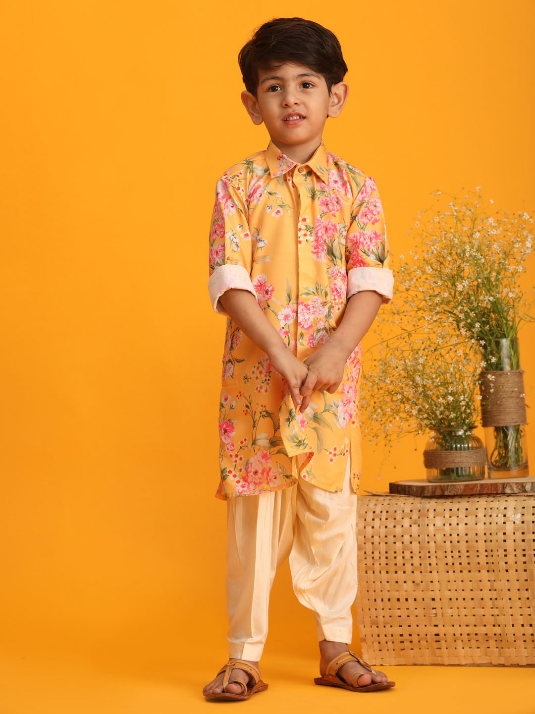 VASTRAMAY Boy's Yellow Floral Printed Kurta with Cream Solid Patiala Set - qivii
