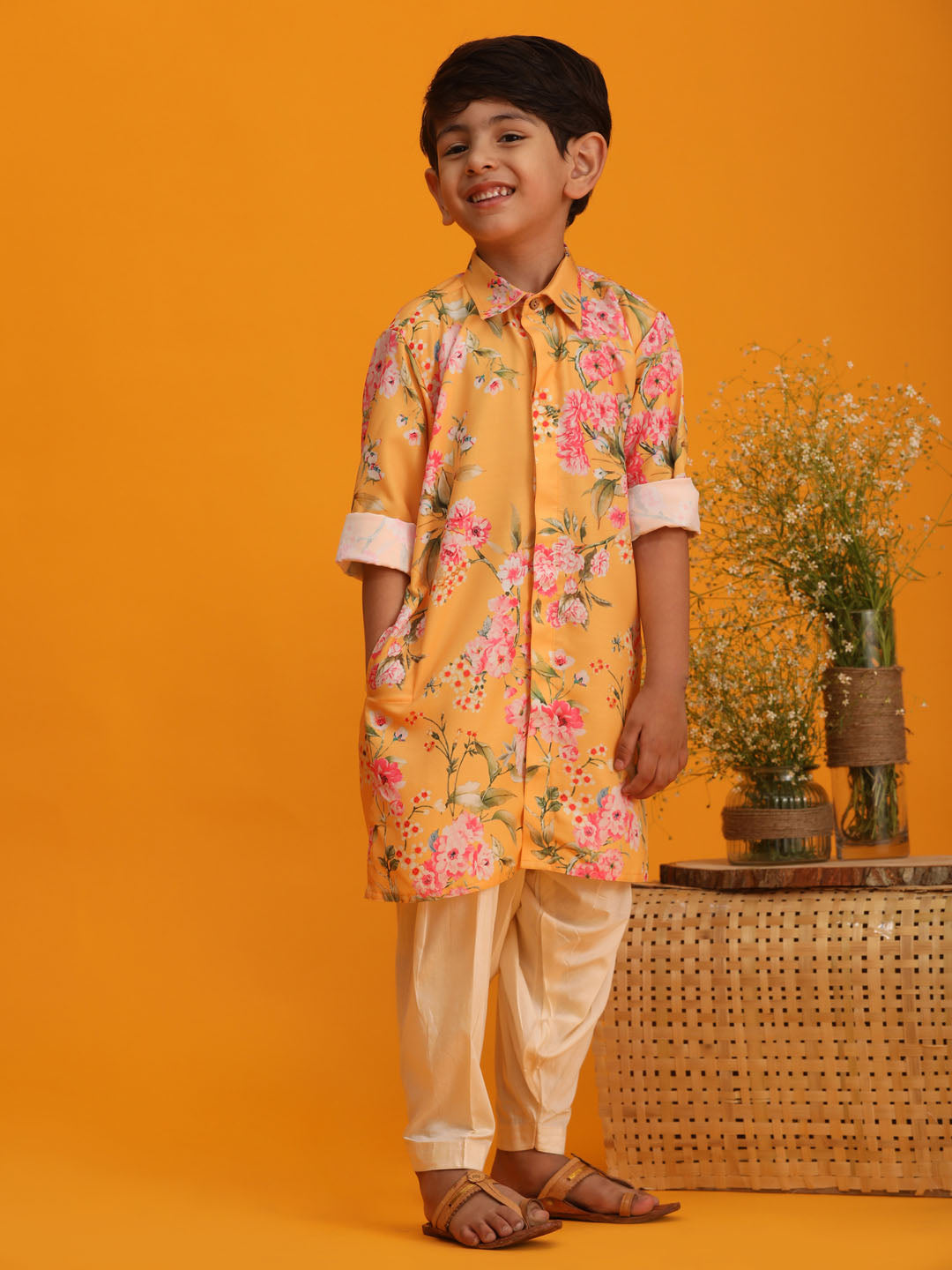 VASTRAMAY Boy's Yellow Floral Printed Kurta with Cream Solid Patiala Set - qivii