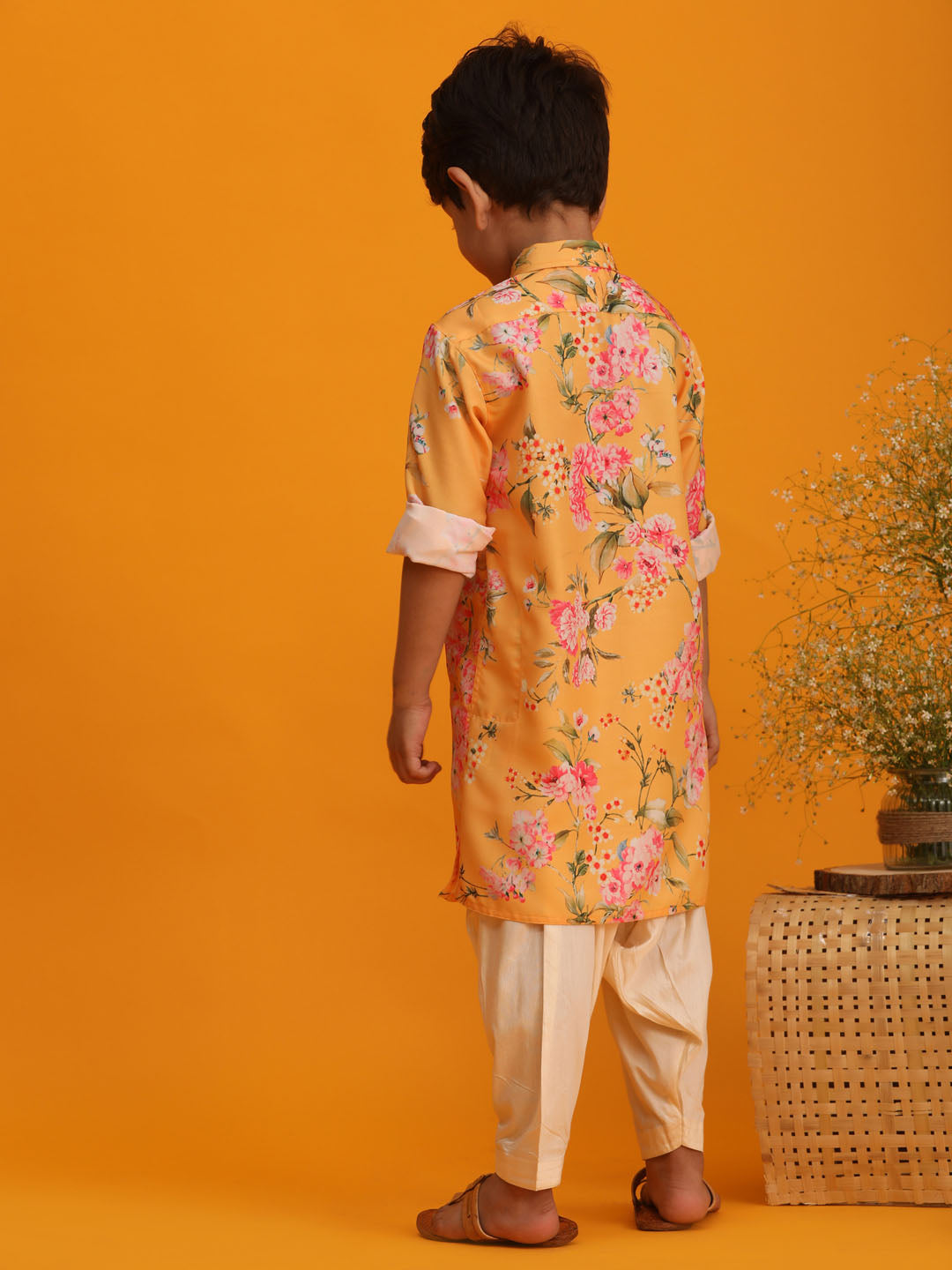 VASTRAMAY Boy's Yellow Floral Printed Kurta with Cream Solid Patiala Set - qivii