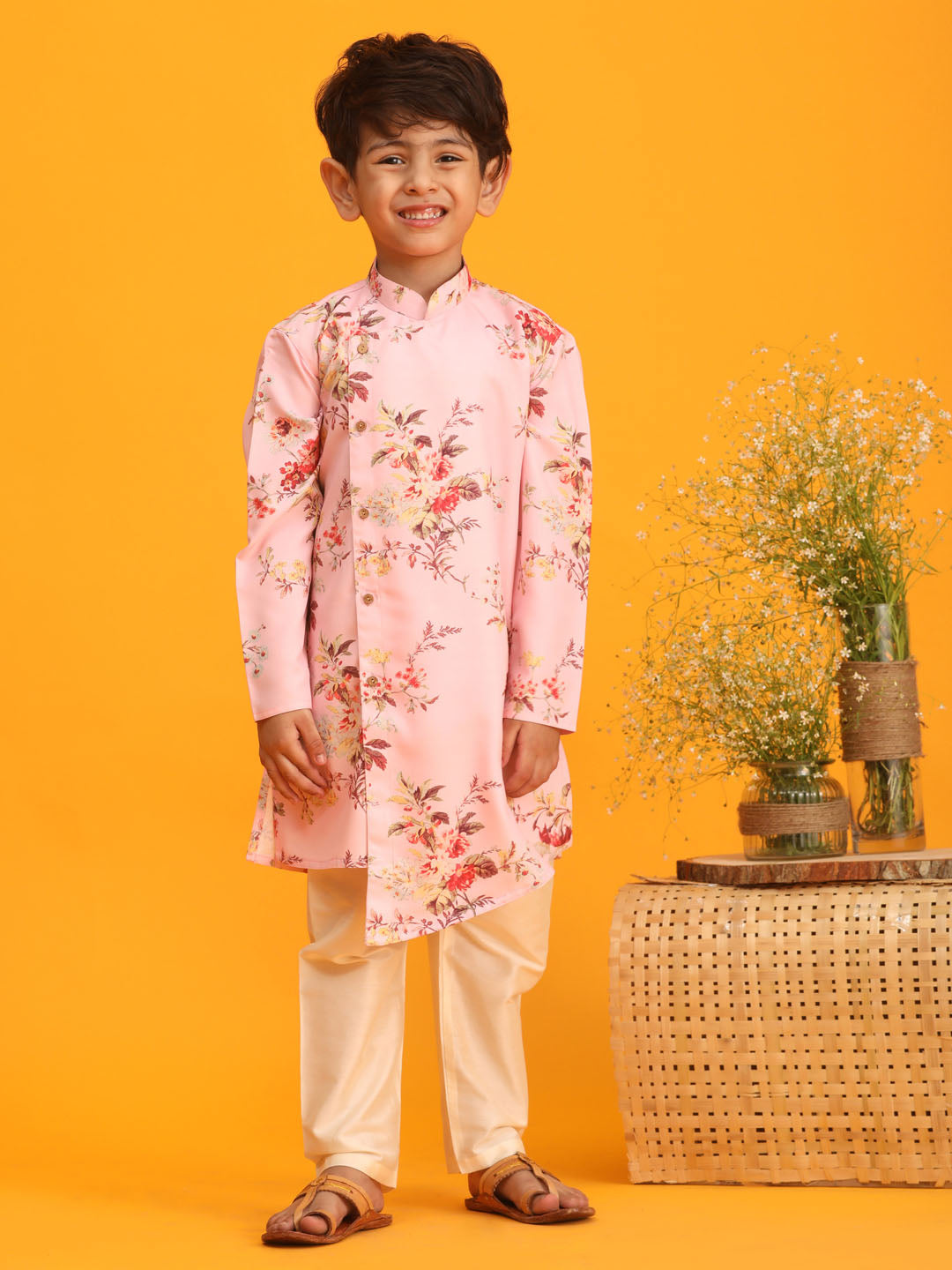 VASTRAMAY Boy's Pink Floral Printed Angrakha Kurta with Cream Solid Pyjama Set - qivii