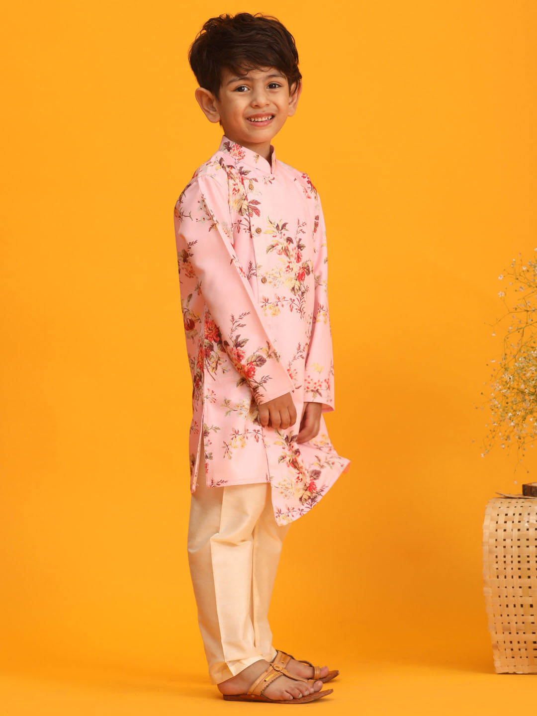 VASTRAMAY Boy's Pink Floral Printed Angrakha Kurta with Cream Solid Pyjama Set - qivii