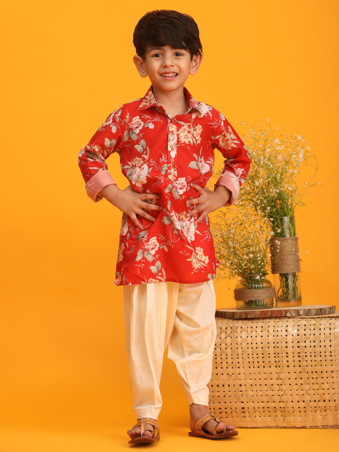 VASTRAMAY Boy's Red Floral Printed Kurta with Cream Solid Pyjama Set - qivii