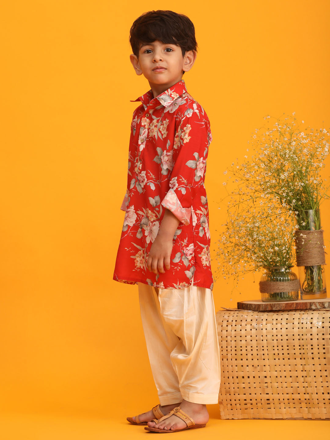 VASTRAMAY Boy's Red Floral Printed Kurta with Cream Solid Pyjama Set - qivii